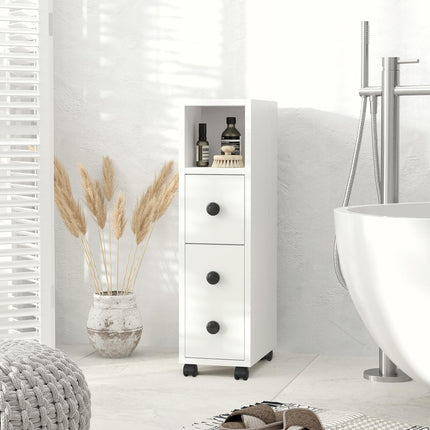 Slimline Bathroom Storage Unit with Two Drawers and Wheels - White