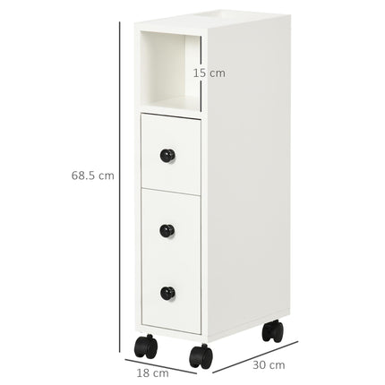Slimline Bathroom Storage Unit with Two Drawers and Wheels - White