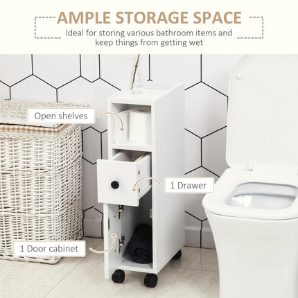Slimline Bathroom Storage Unit with Two Drawers and Wheels - White