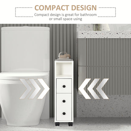 Slimline Bathroom Storage Unit with Two Drawers and Wheels - White