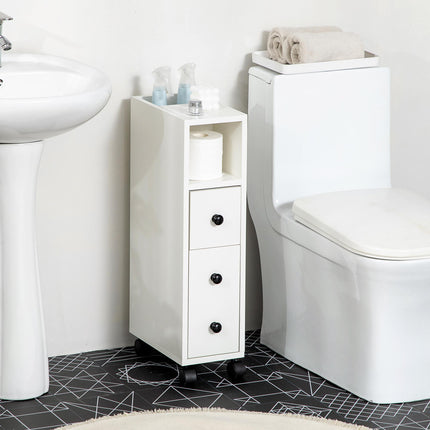 Slimline Bathroom Storage Unit with Two Drawers and Wheels - White