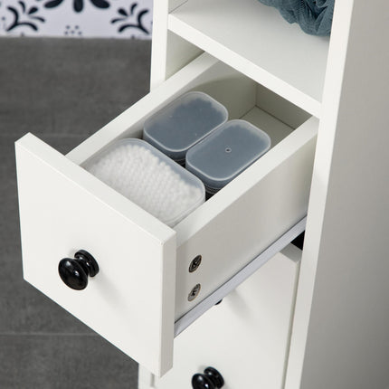 Slimline Bathroom Storage Unit with Two Drawers and Wheels - White
