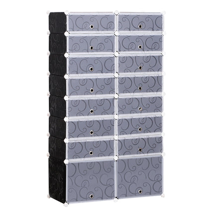 Large 16-Cube 8 Tier DIY Interlocking Shoe Rack Cabinet for 32 Pairs - Black and White