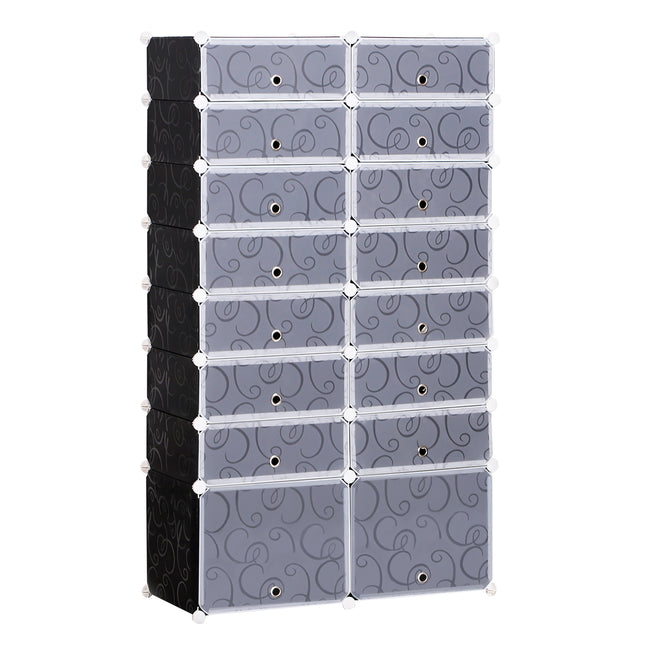 Large 16-Cube 8 Tier DIY Interlocking Shoe Rack Cabinet for 32 Pairs - Black and White