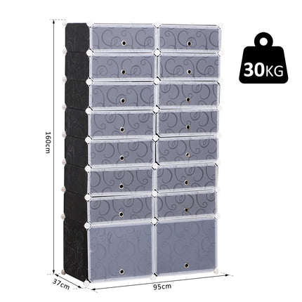 Large 16-Cube 8 Tier DIY Interlocking Shoe Rack Cabinet for 32 Pairs - Black and White