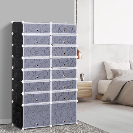 Large 16-Cube 8 Tier DIY Interlocking Shoe Rack Cabinet for 32 Pairs - Black and White