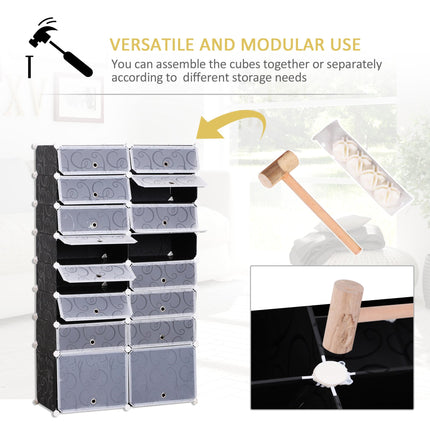 Large 16-Cube 8 Tier DIY Interlocking Shoe Rack Cabinet for 32 Pairs - Black and White