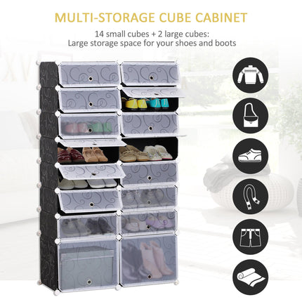 Large 16-Cube 8 Tier DIY Interlocking Shoe Rack Cabinet for 32 Pairs - Black and White