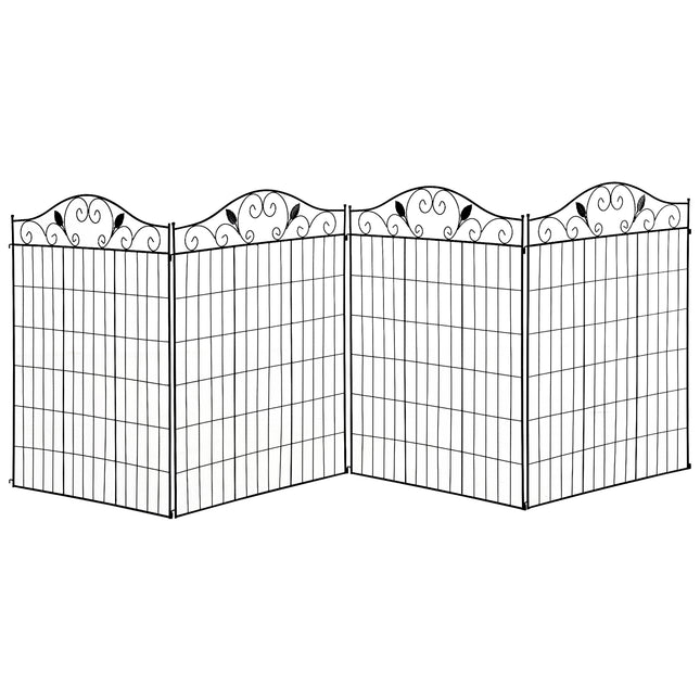 Set of 4 Metal Garden Fence Panels with Vine Design 365x112cm - Black
