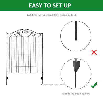 Set of 4 Metal Garden Fence Panels with Vine Design 365x112cm - Black