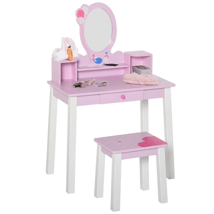 2 Piece Kids Wooden Dressing Table and Stool Set with Mirror - Pink White