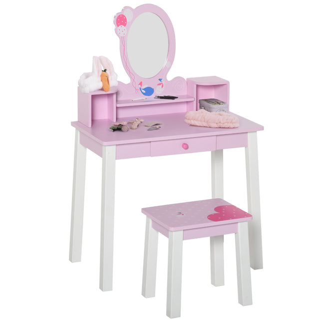 2 Piece Kids Wooden Dressing Table and Stool Set with Mirror - Pink White