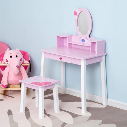 2 Piece Kids Wooden Dressing Table and Stool Set with Mirror - Pink White