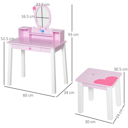 2 Piece Kids Wooden Dressing Table and Stool Set with Mirror - Pink White