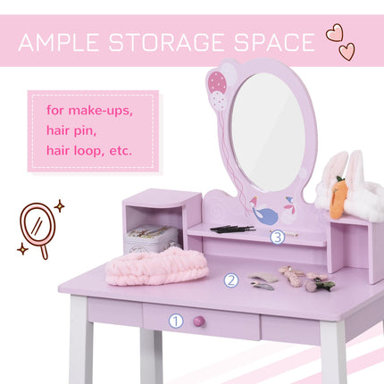 2 Piece Kids Wooden Dressing Table and Stool Set with Mirror - Pink White
