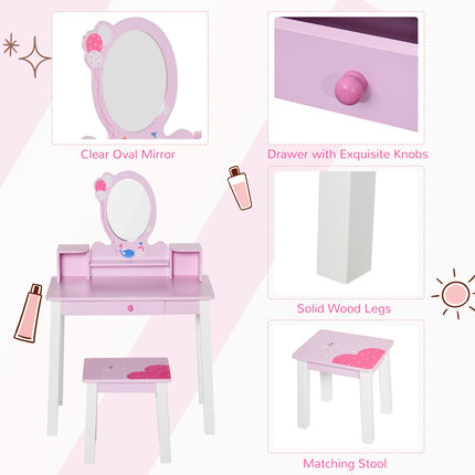 2 Piece Kids Wooden Dressing Table and Stool Set with Mirror - Pink White