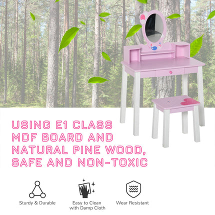 2 Piece Kids Wooden Dressing Table and Stool Set with Mirror - Pink White