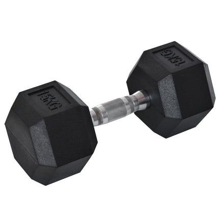 15KG Single Rubber Hex Dumbbell Portable Home Gym Weight - Black