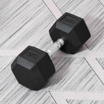 15KG Single Rubber Hex Dumbbell Portable Home Gym Weight - Black