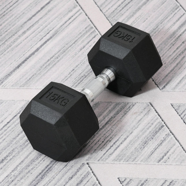 15KG Single Rubber Hex Dumbbell Portable Home Gym Weight - Black