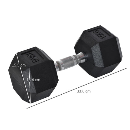 15KG Single Rubber Hex Dumbbell Portable Home Gym Weight - Black