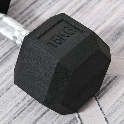 15KG Single Rubber Hex Dumbbell Portable Home Gym Weight - Black