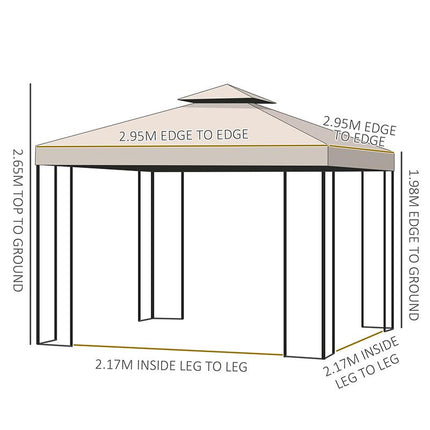 3 x 3 Metre Metal Garden Gazebo with Removable Sidewalls - Beige