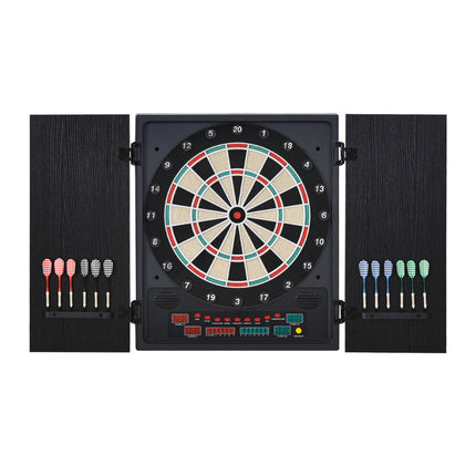 Electronic Dartboard with LED Scoreboard, 12 Darts & 30 Heads in Storage Cabinet - Black White