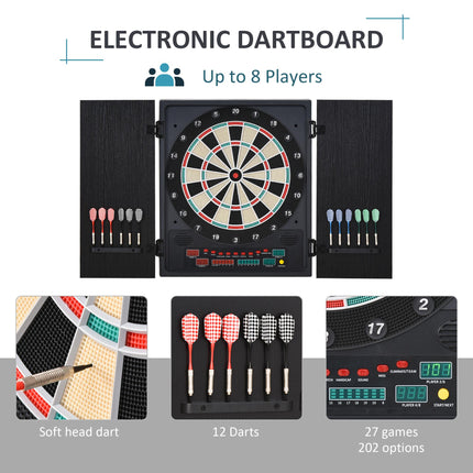 Electronic Dartboard with LED Scoreboard, 12 Darts & 30 Heads in Storage Cabinet - Black White