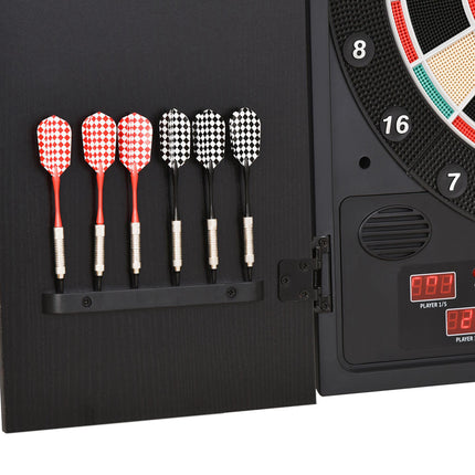 Electronic Dartboard with LED Scoreboard, 12 Darts & 30 Heads in Storage Cabinet - Black White