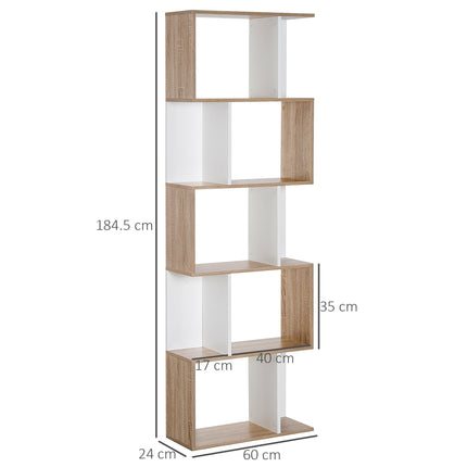 5-Tier S Shape Bookcase Storage Display Shelving Unit Divider - White