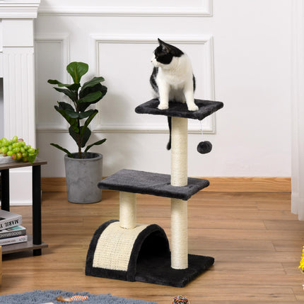 72cm Cat Tree Tower with Sisal Scratching Posts, Arc Pad & Hanging Ball Toy - Grey