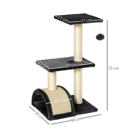 72cm Cat Tree Tower with Sisal Scratching Posts, Arc Pad & Hanging Ball Toy - Grey