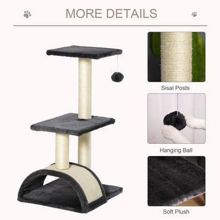 72cm Cat Tree Tower with Sisal Scratching Posts, Arc Pad & Hanging Ball Toy - Grey