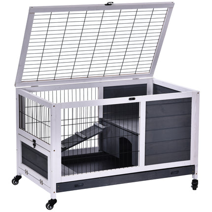 Indoor Fir Wood Rabbit Lift-Top Hutch with Run - Grey