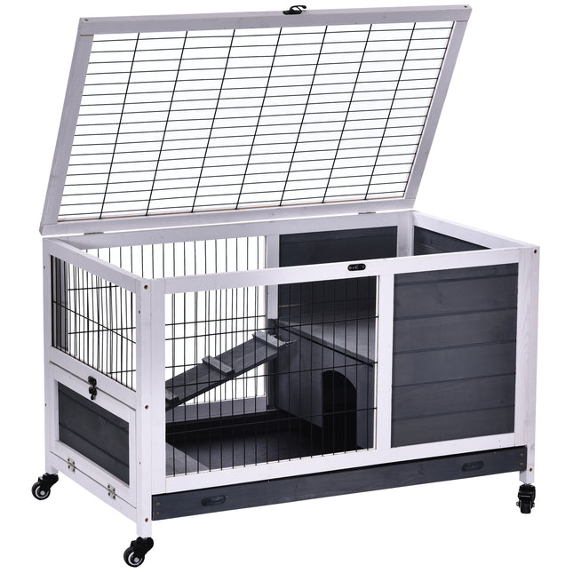 Indoor Fir Wood Rabbit Lift-Top Hutch with Run - Grey