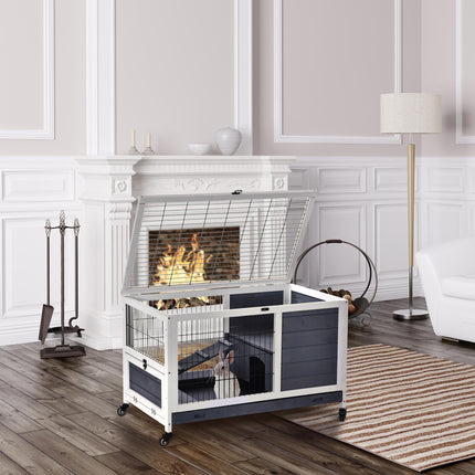 Indoor Fir Wood Rabbit Lift-Top Hutch with Run - Grey
