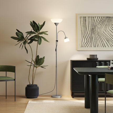 Modern Floor Reading Lamp 179.5cm with 2 Adjustable Heads Steel Base - Silver and White