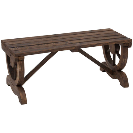 Rustic Garden Wooden 2-Person Bench with Wagon Wheel Legs and Slatted Seat - Brown