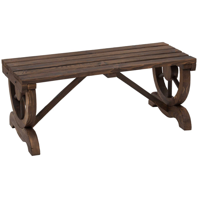 Rustic Garden Wooden 2-Person Bench with Wagon Wheel Legs and Slatted Seat - Brown