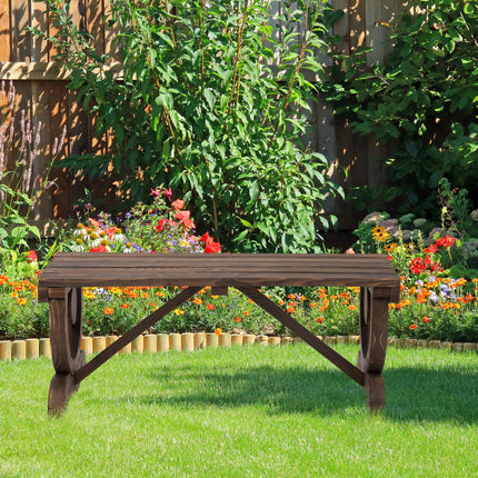 Rustic Garden Wooden 2-Person Bench with Wagon Wheel Legs and Slatted Seat - Brown