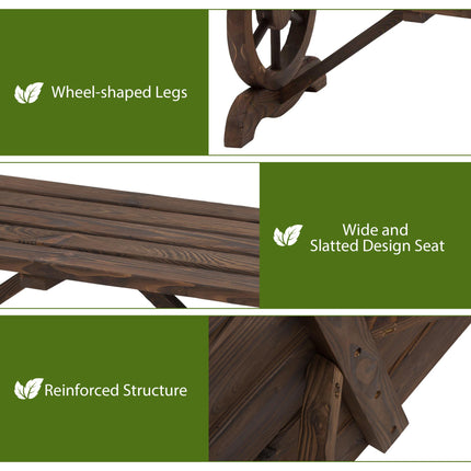 Rustic Garden Wooden 2-Person Bench with Wagon Wheel Legs and Slatted Seat - Brown