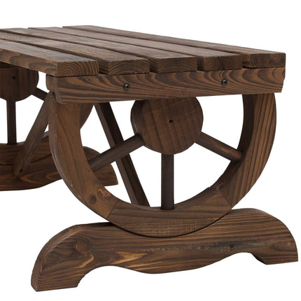 Rustic Garden Wooden 2-Person Bench with Wagon Wheel Legs and Slatted Seat - Brown