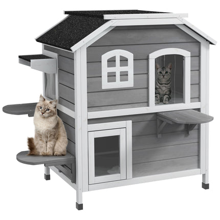Solid Wood Waterproof Outdoor 2-Floor Cat Condo Villa - Grey