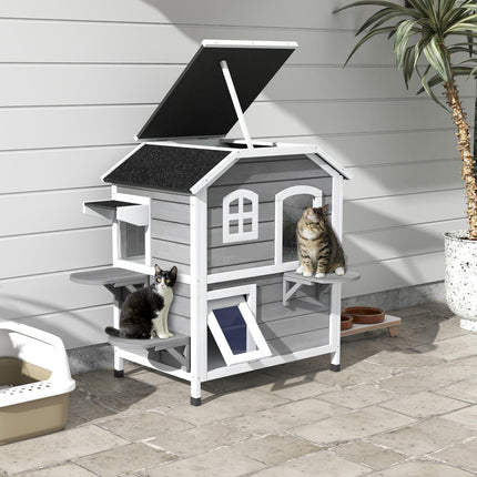 Solid Wood Waterproof Outdoor 2-Floor Cat Condo Villa - Grey