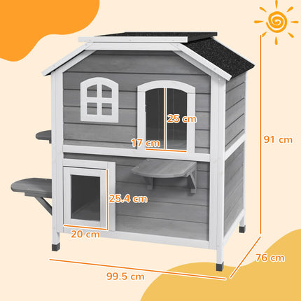 Solid Wood Waterproof Outdoor 2-Floor Cat Condo Villa - Grey