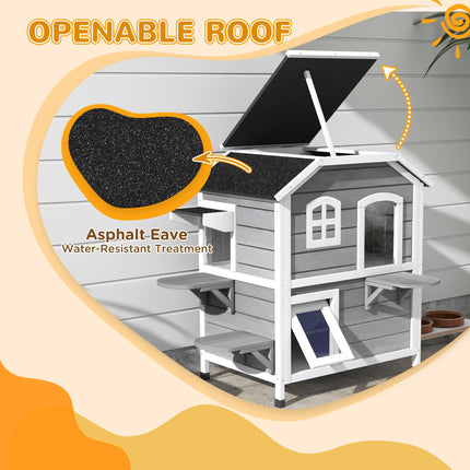 Solid Wood Waterproof Outdoor 2-Floor Cat Condo Villa - Grey
