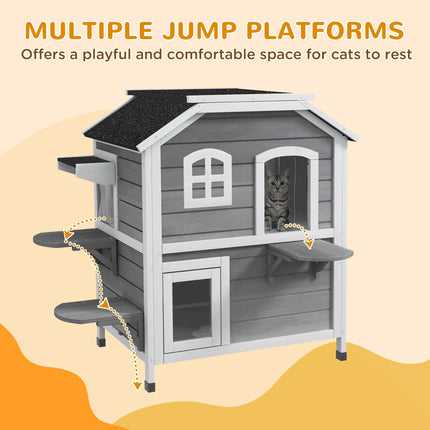 Solid Wood Waterproof Outdoor 2-Floor Cat Condo Villa - Grey