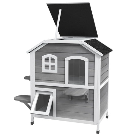 Solid Wood Waterproof Outdoor 2-Floor Cat Condo Villa - Grey
