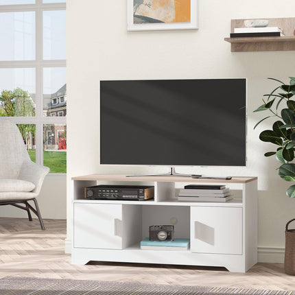 TV Stand for TVs up to 42 Inches with Cabinets, Shelves & Wide Tabletop - White & Wood Color
